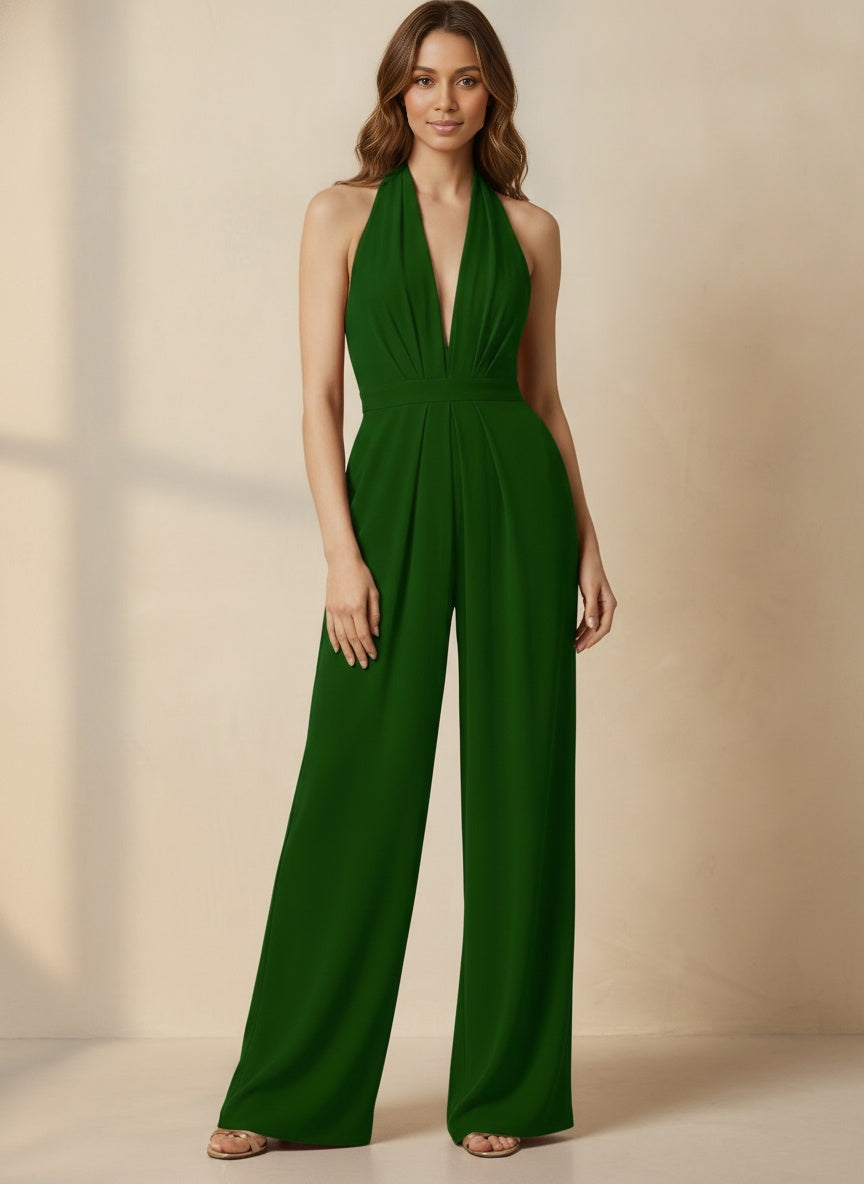 Aurora Halter Backless Wide-Leg Jumpsuit — Dark Green
