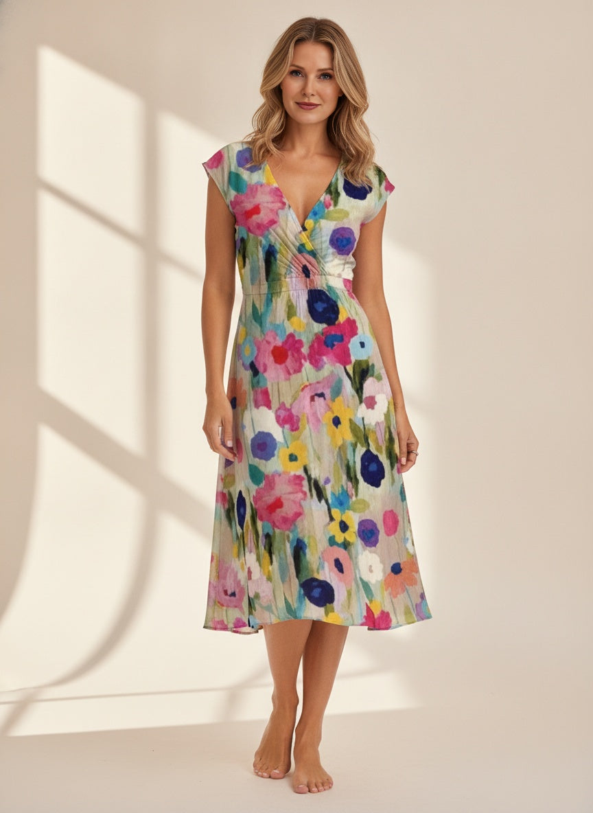 Floral Wrap Midi Summer Dress — Multicolour