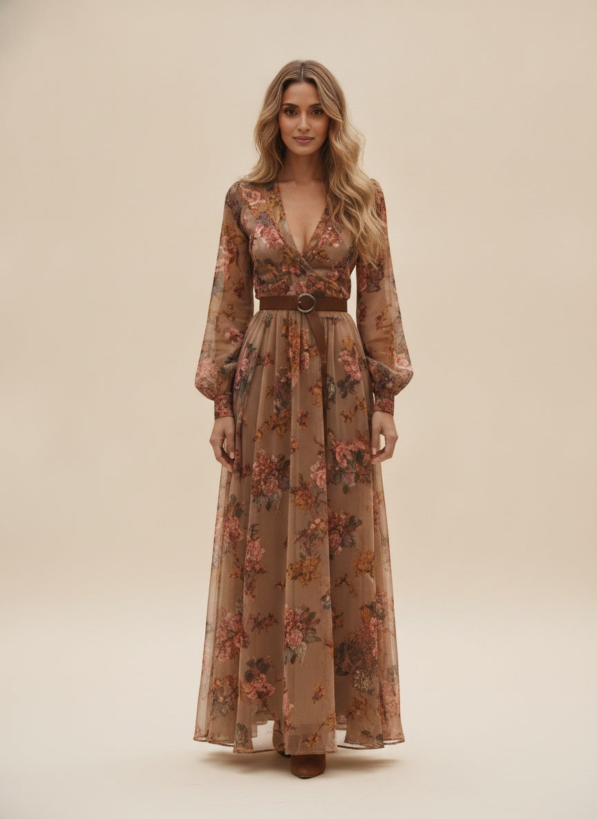 Floral Ruffle Maxi Dress — Brown