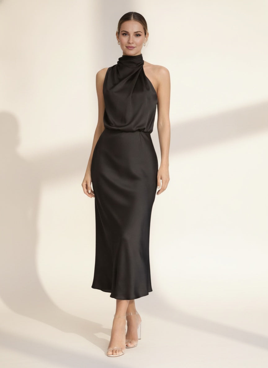Amelina Halter Neck Satin Midi Dress — Black