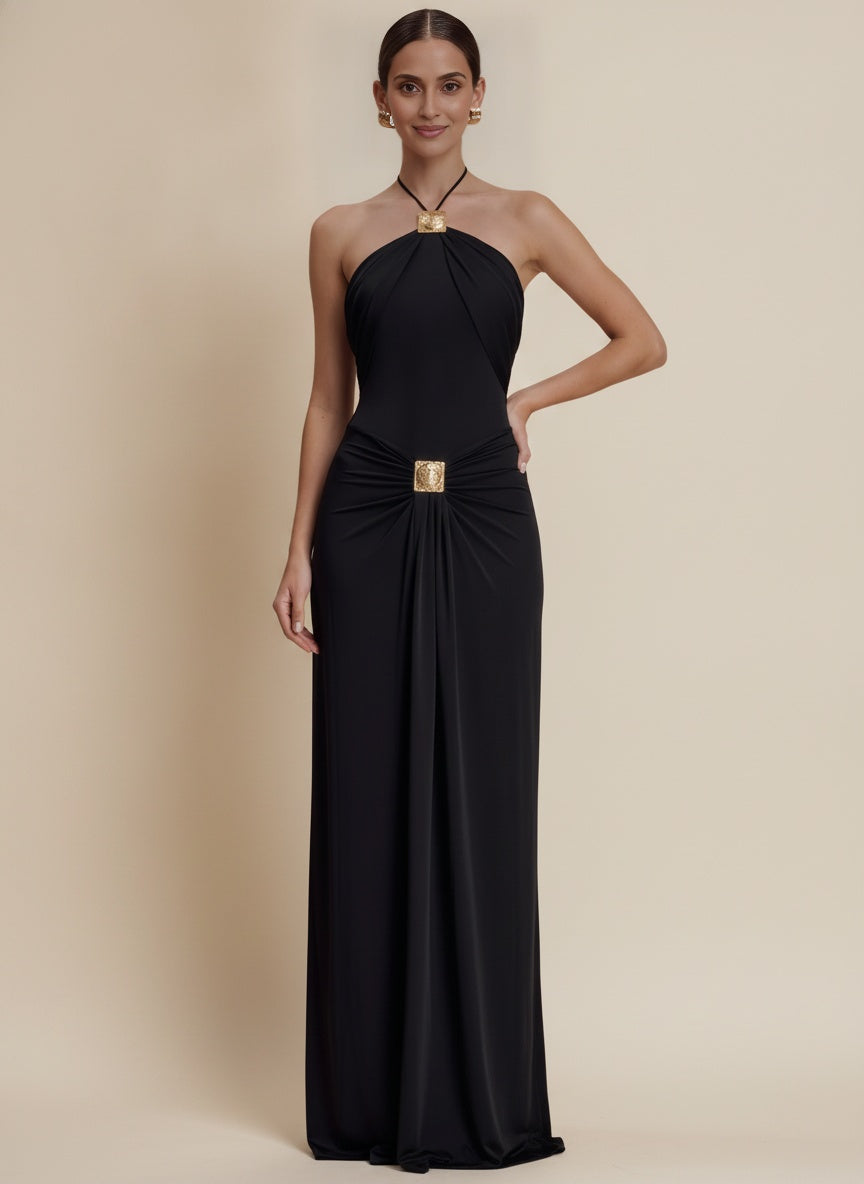 Celestine Halter Neck Backless Maxi Dress — Black