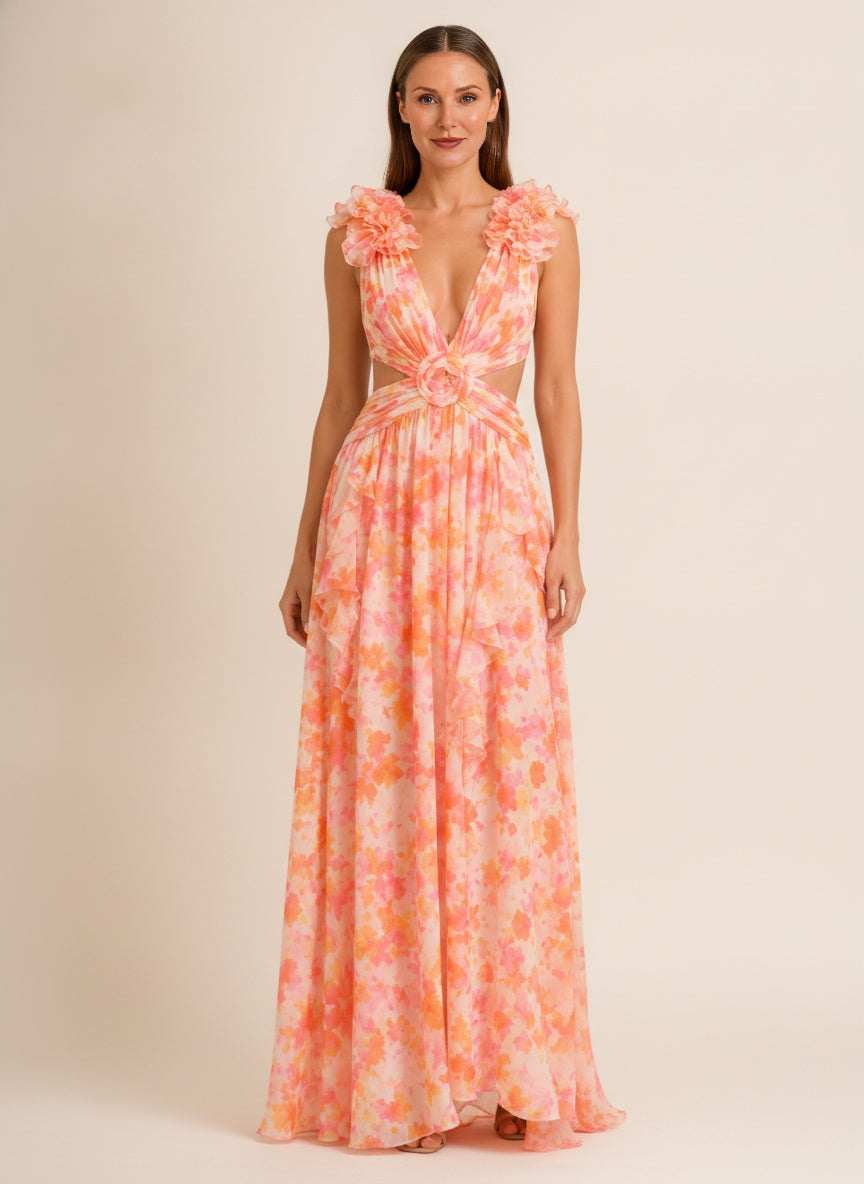 Clemence Floral Ruffle Maxi Dress — Orange