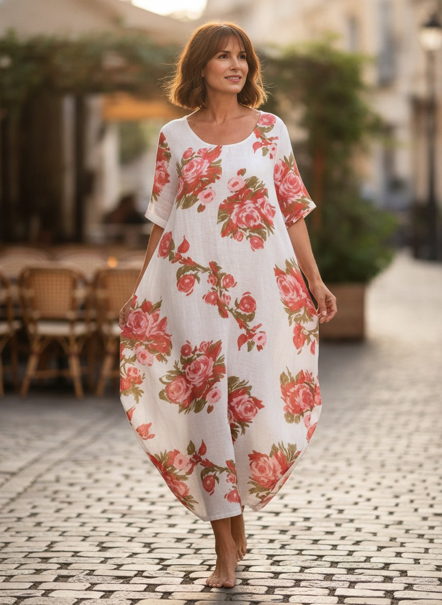 Bohemian Floral Cotton Linen Midi Dress (view 2)