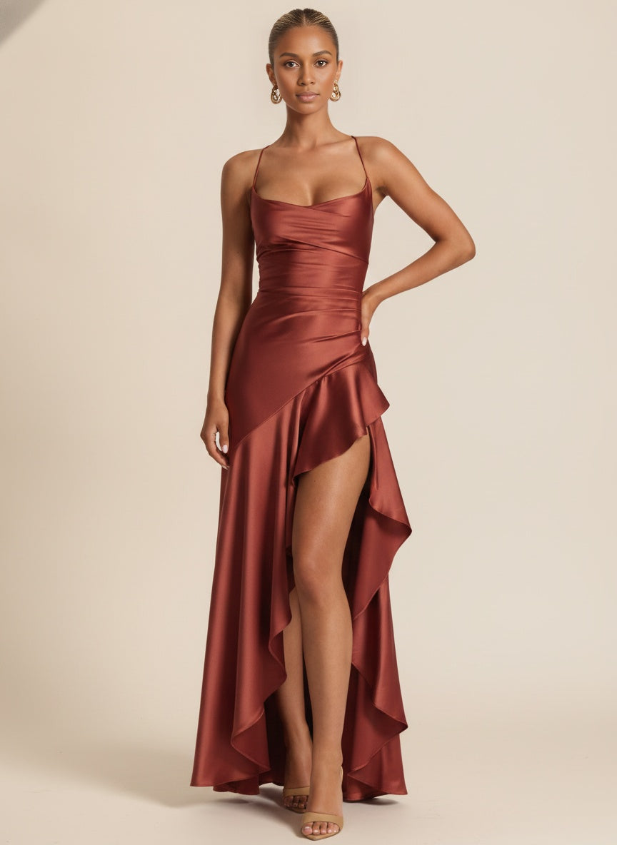 Lucia Ruffle Hem Satin Maxi Dress — Bronze
