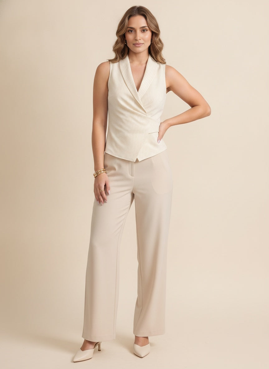 Striped Wrap Sleeveless Blouse — Cream