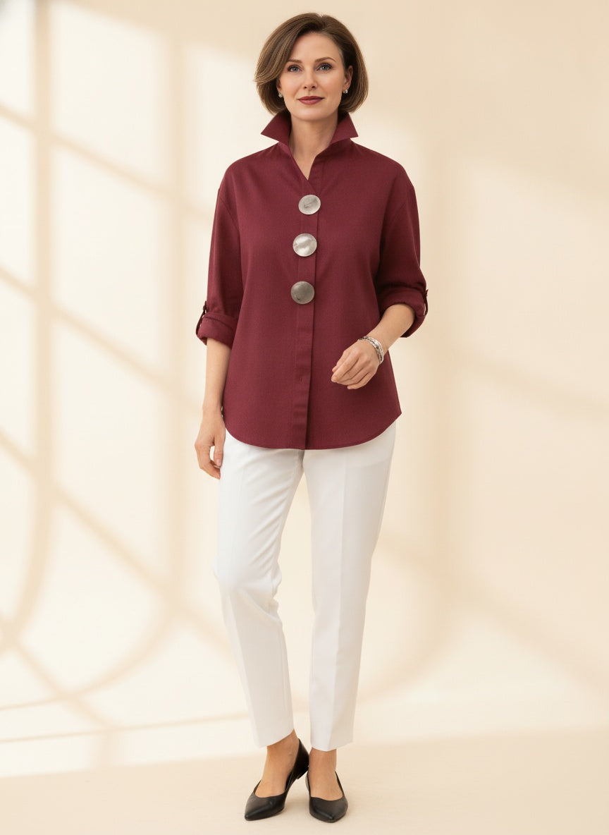 Elegant Cotton Linen Standcollar Blouse — Burgundy