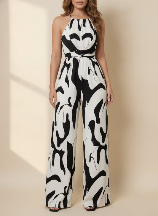 Abstract Halter Wide-Leg Jumpsuit — Black