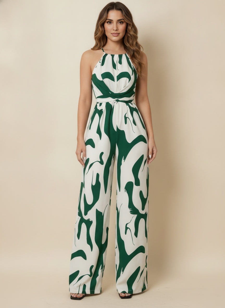 Abstract Halter Wide-Leg Jumpsuit — Dark Green