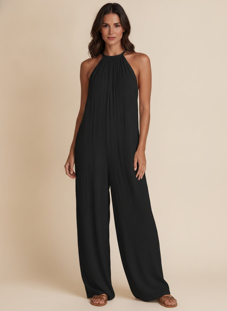 Halterneck Cotton-Linen Jumpsuit — Black