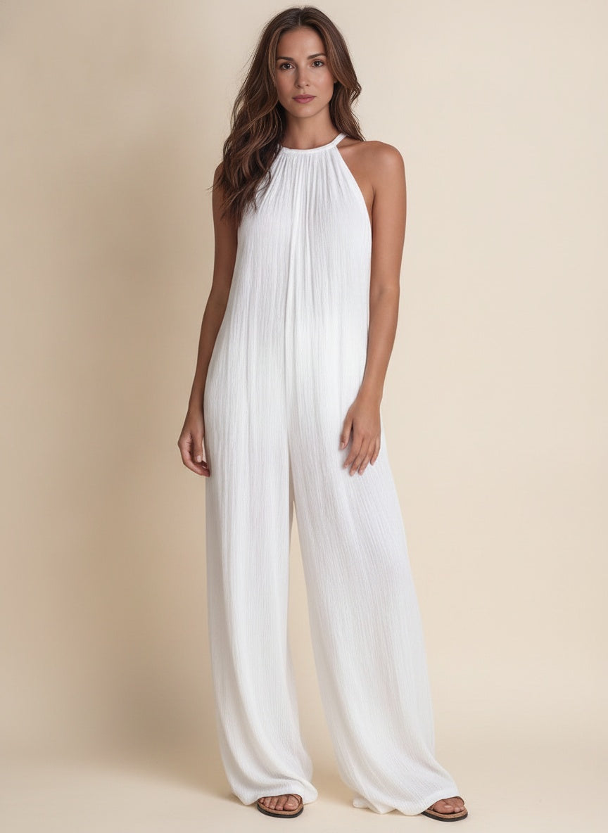 Halterneck Cotton-Linen Jumpsuit — White