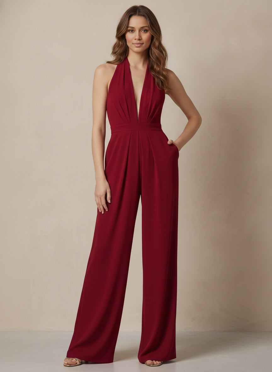 Aurora Halter Backless Wide-Leg Jumpsuit — Burgundy