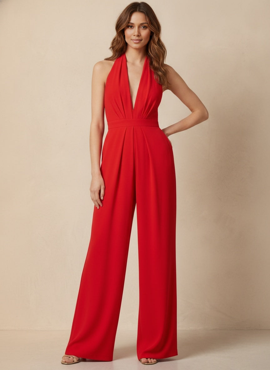 Aurora Halter Backless Wide-Leg Jumpsuit — Red