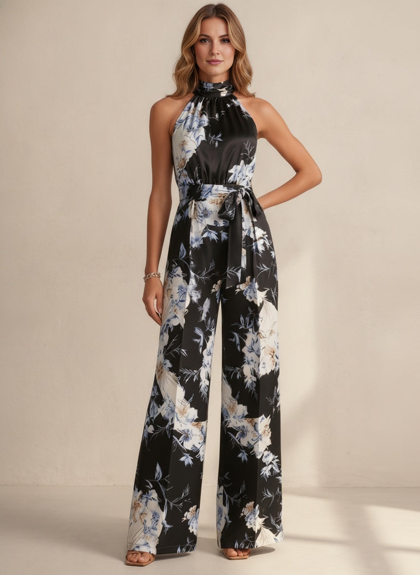 Floral Halter Neck Jumpsuit — Black