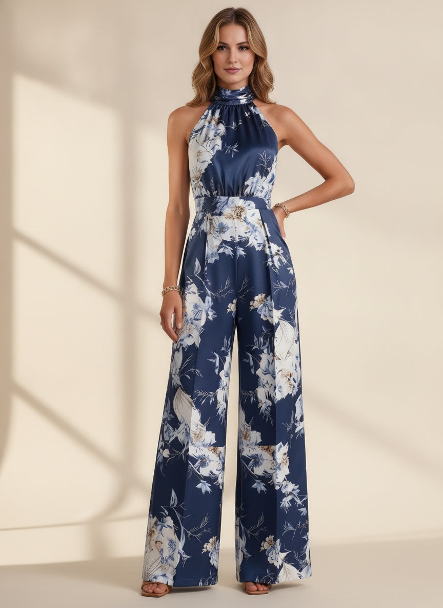 Floral Halter Neck Jumpsuit — Dark Blue
