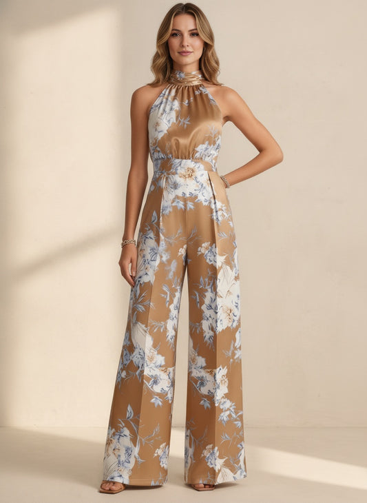 Floral Halter Neck Jumpsuit — Dark Brown