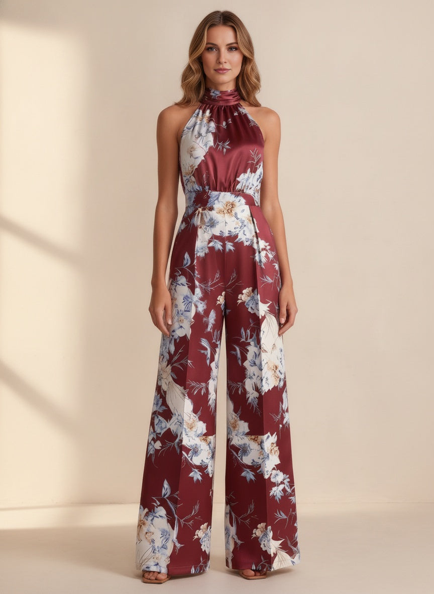 Floral Halter Neck Jumpsuit — Wine Red