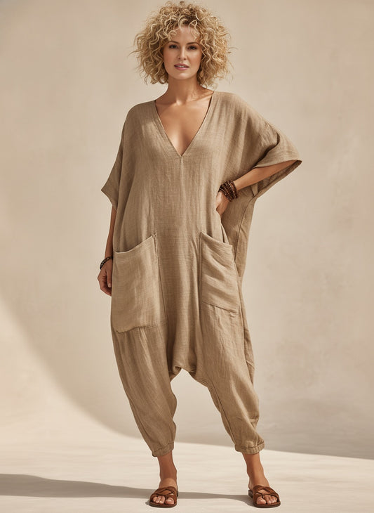 Linen Look Cotton V-Neck Harem Jumpsuit — Khaki