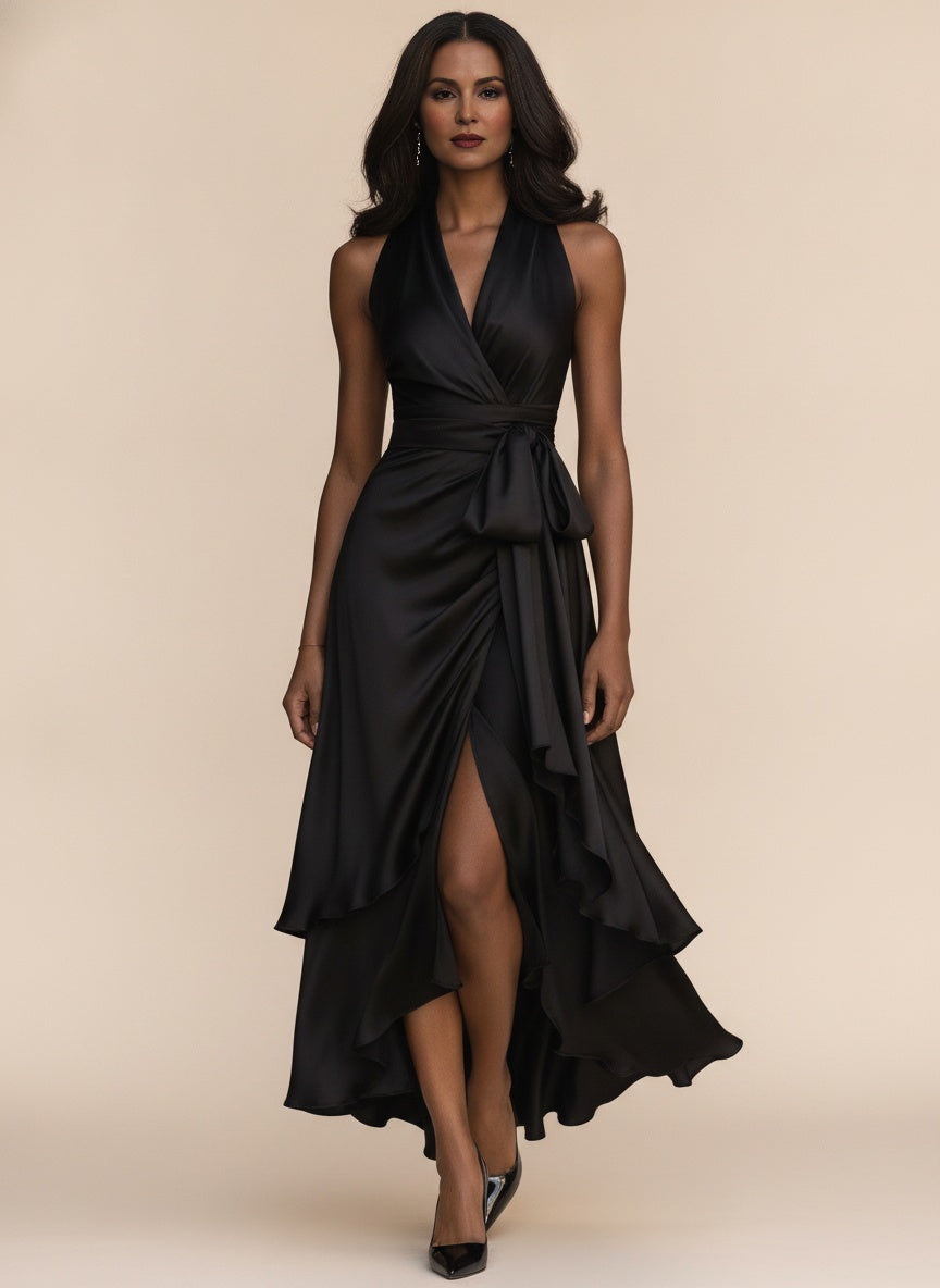 Satin Halter Maxi Dress with Ruffle — Black