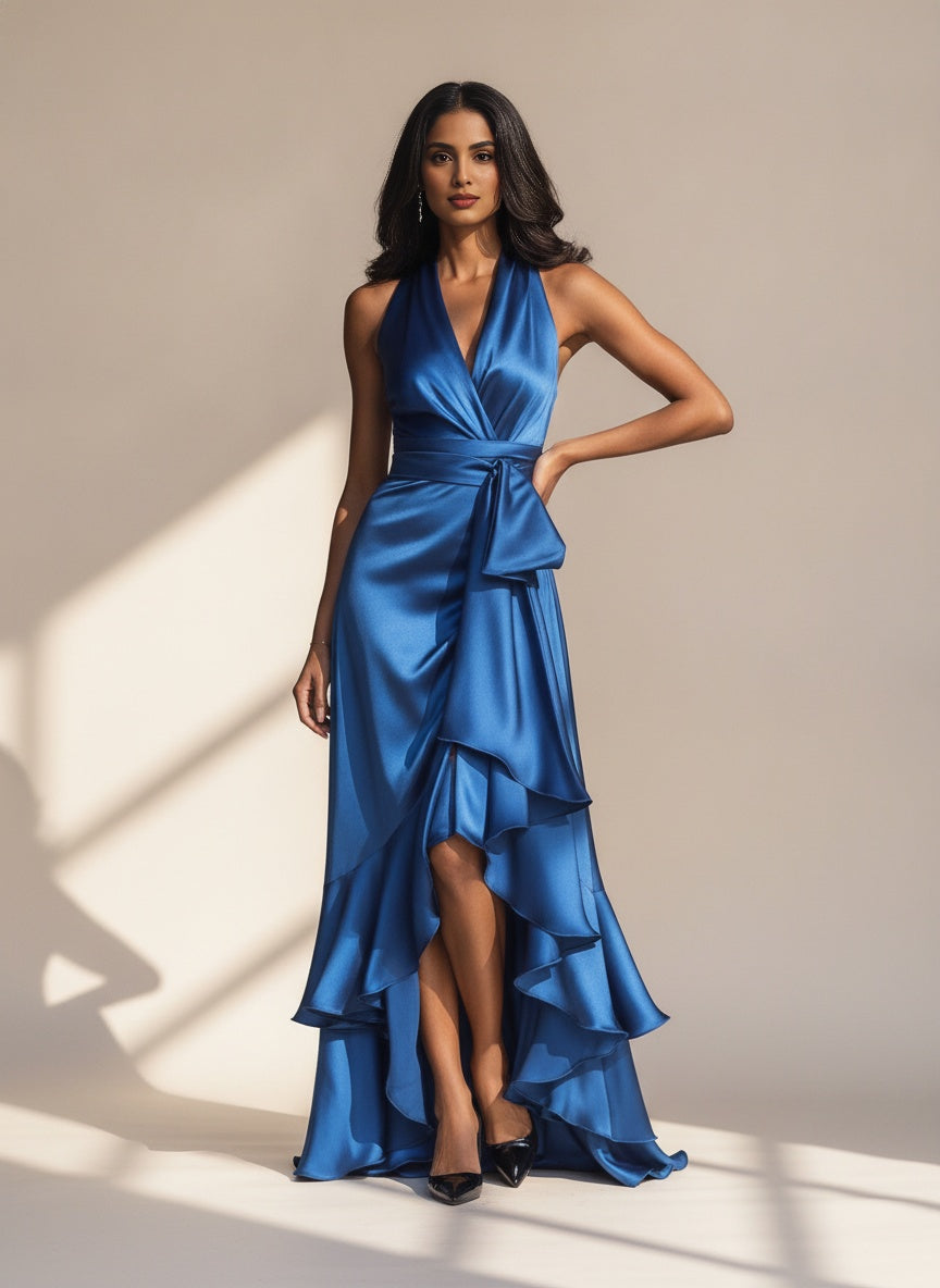 Satin Halter Maxi Dress with Ruffle — Blue