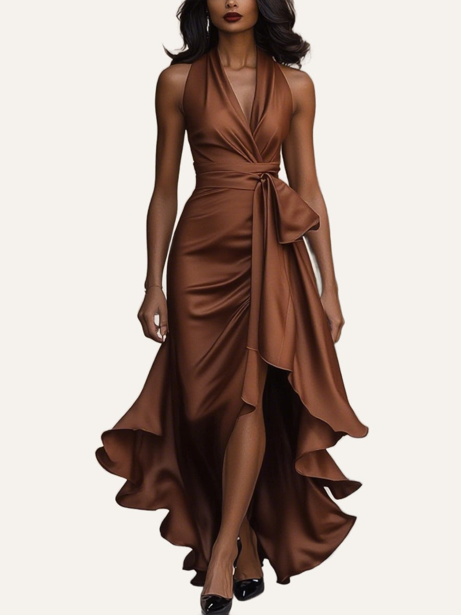 Satin Halter Maxi Dress with Ruffle — Brown
