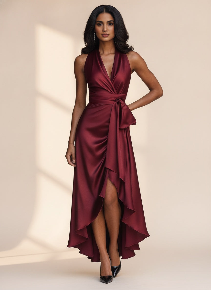Satin Halter Maxi Dress with Ruffle — Burgundy