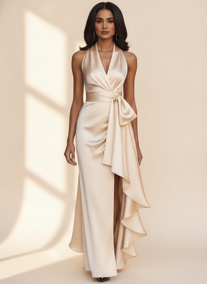 Satin Halter Maxi Dress with Ruffle — Champagne
