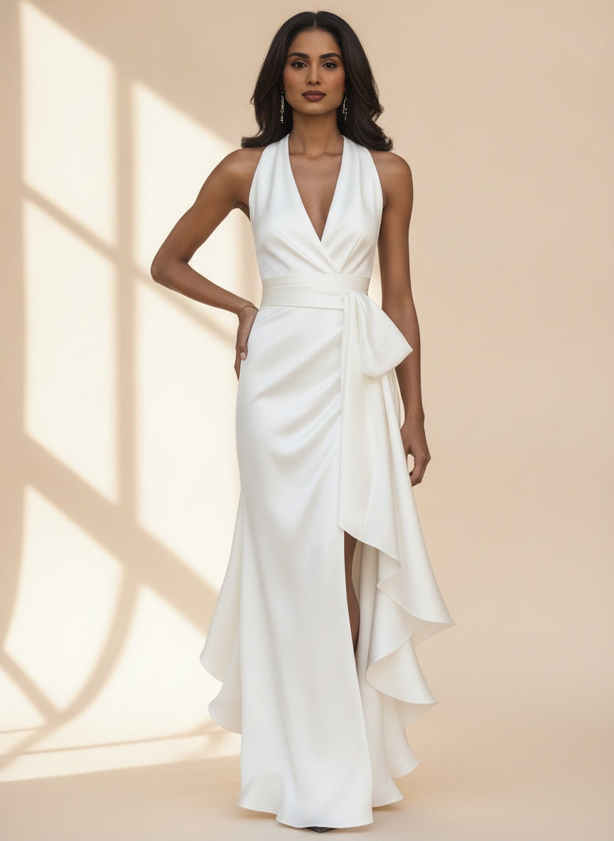 Satin Halter Maxi Dress with Ruffle — White