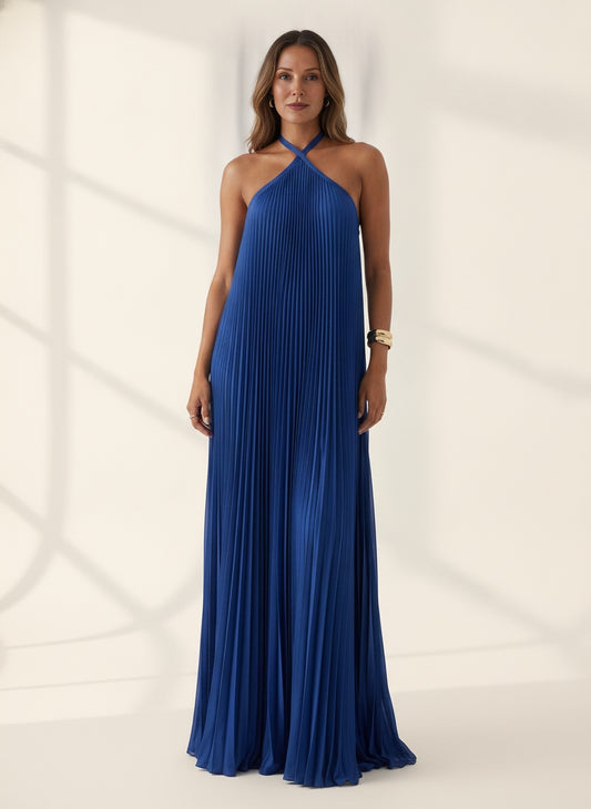 Blue Pleated Halter Neck Maxi Dress — Blue