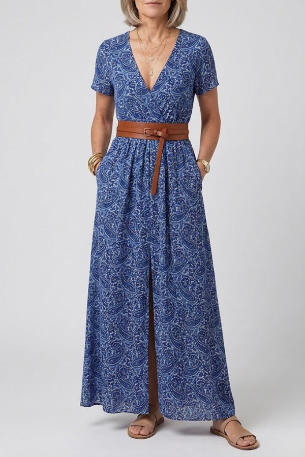Floral Pleated Puff Sleeve Maxi Dress — Blue