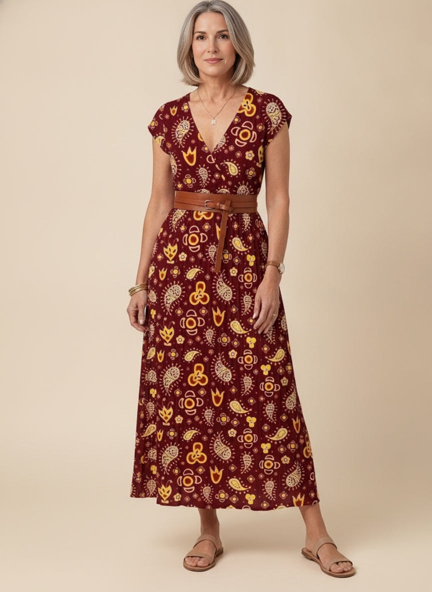 Floral Pleated Puff Sleeve Maxi Dress — Burgundy