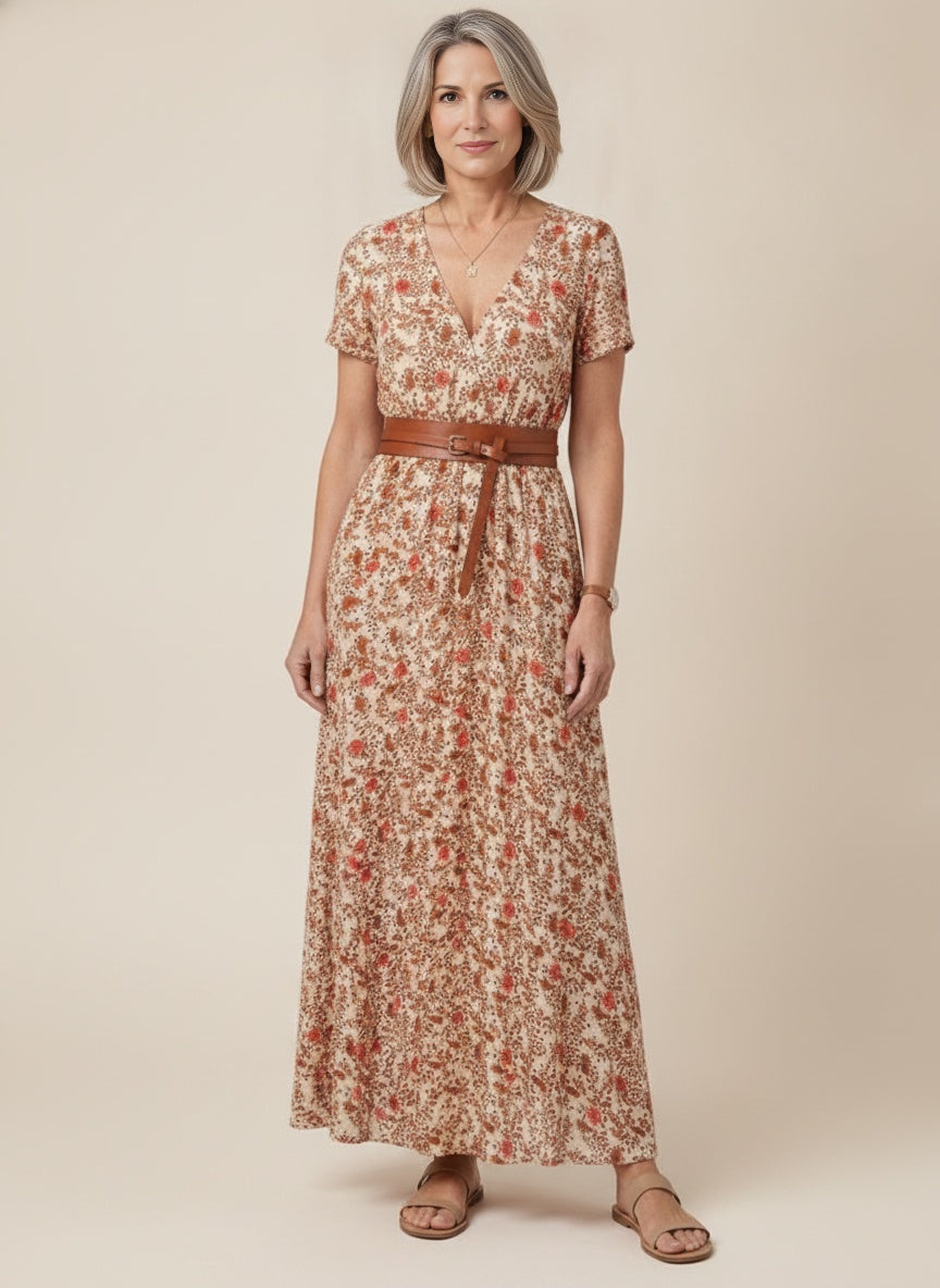 Floral Pleated Puff Sleeve Maxi Dress — Red