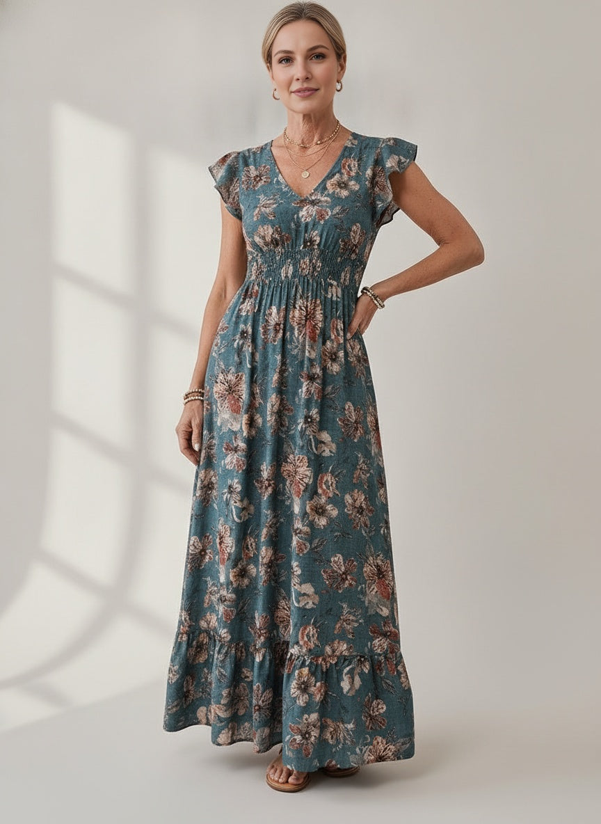 Floral Wrap Maxi Dress with Ruffles — Peacock Blue