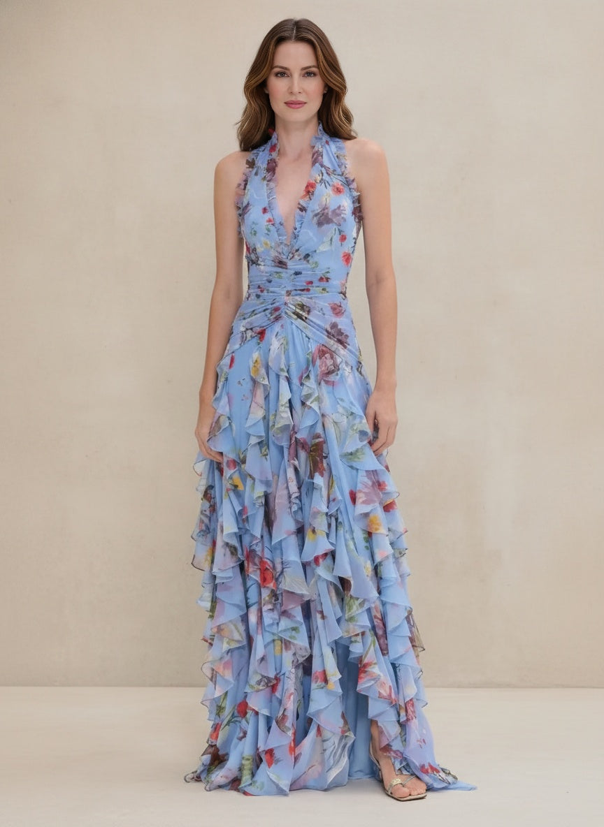 Floral Tiered Halter Maxi Dress — Blue