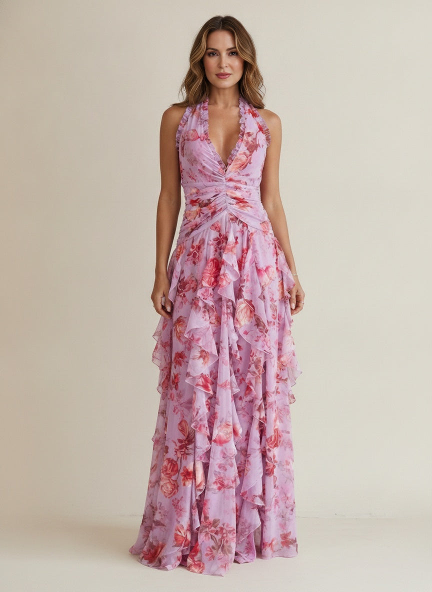 Floral Tiered Halter Maxi Dress — Pink