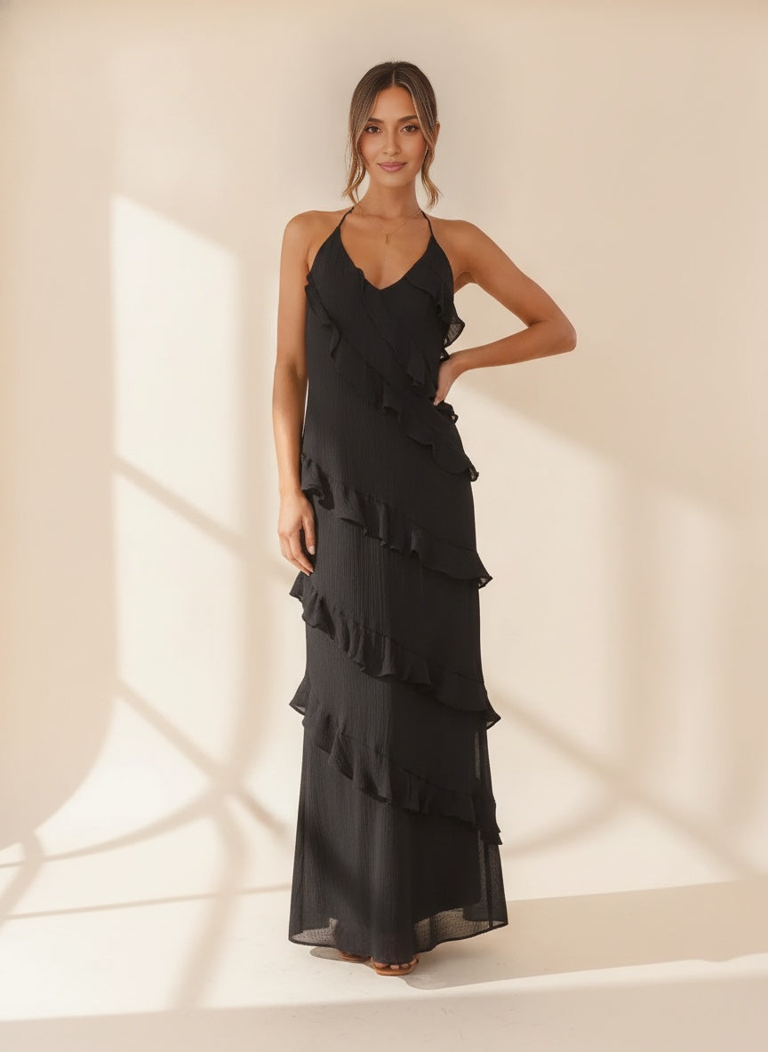 Halter Ruffle Tiered Maxi Dress — Black