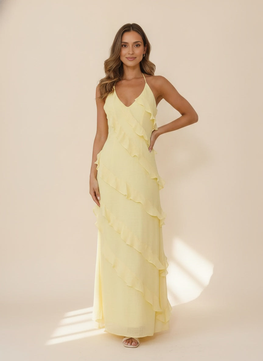Halter Ruffle Tiered Maxi Dress — Yellow