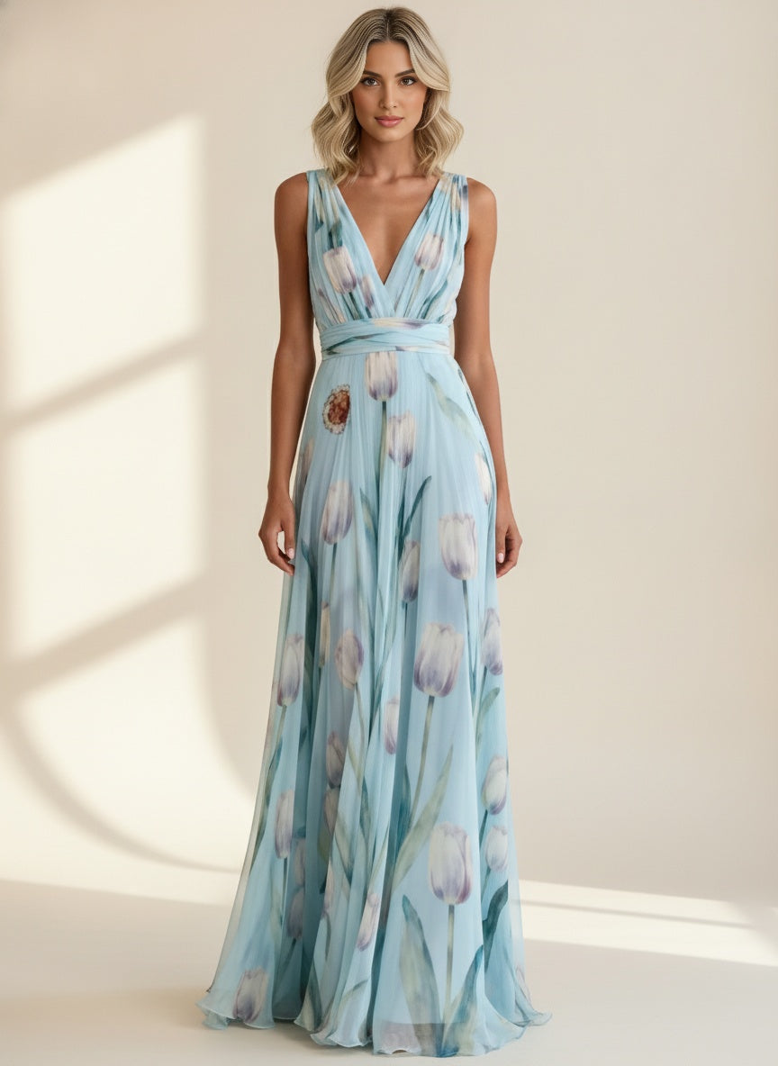 Floral V-Neck Pleated Maxi Dress — Blue