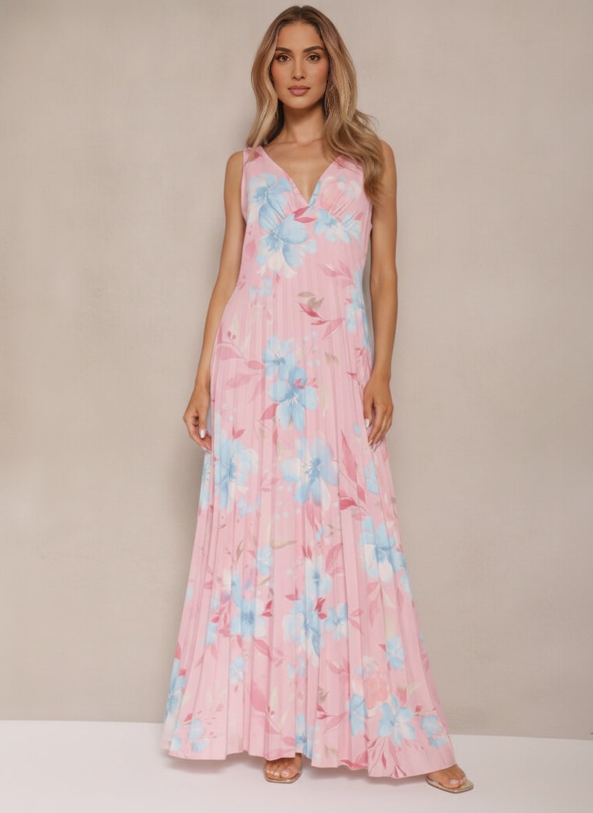 Floral V-Neck Pleated Maxi Dress — Pink