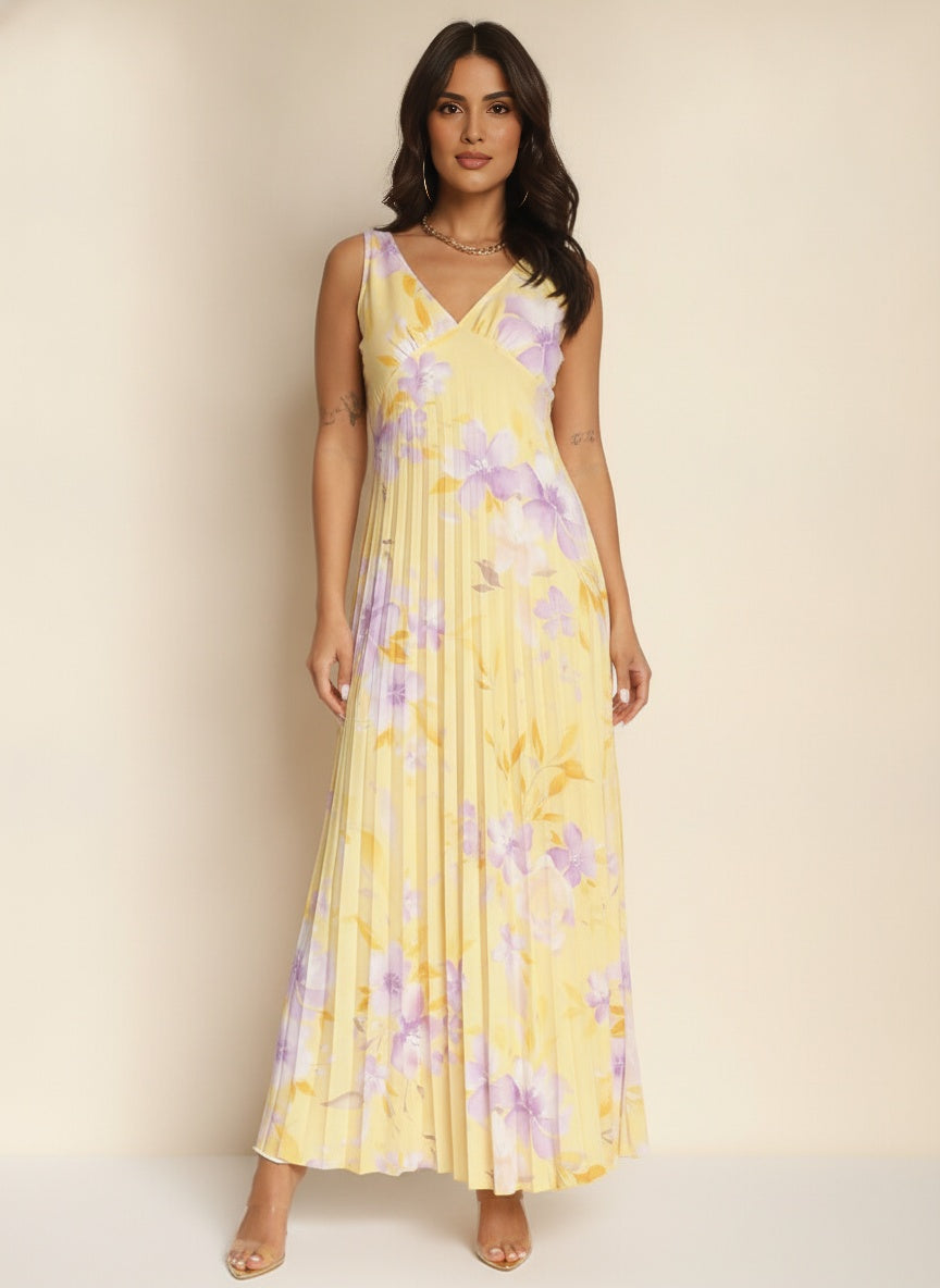 Floral V-Neck Pleated Maxi Dress — Yellow