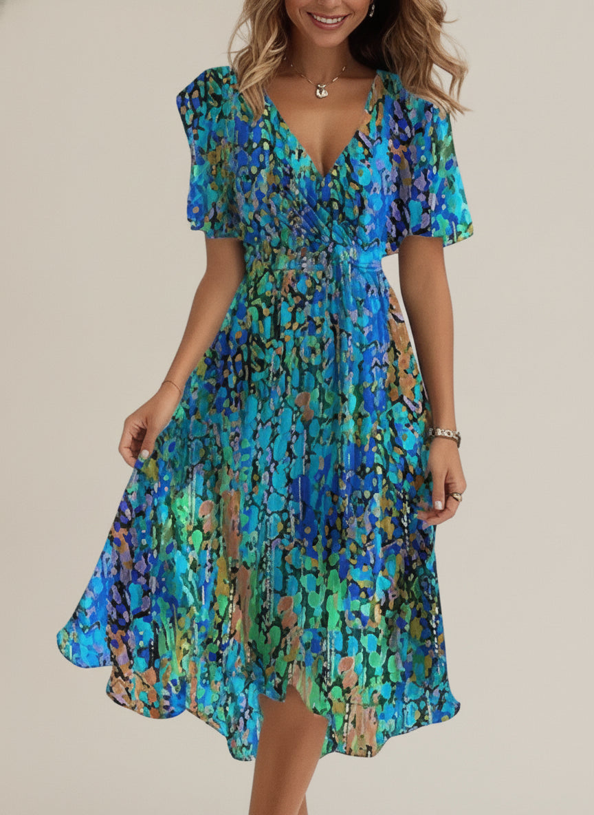 Floral Wrap Midi Summer Dress — Blue