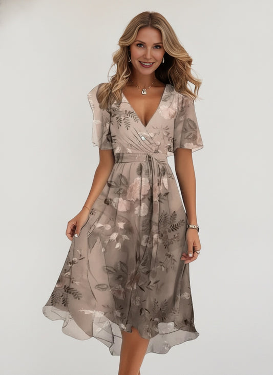 Floral Wrap Midi Summer Dress — Brown