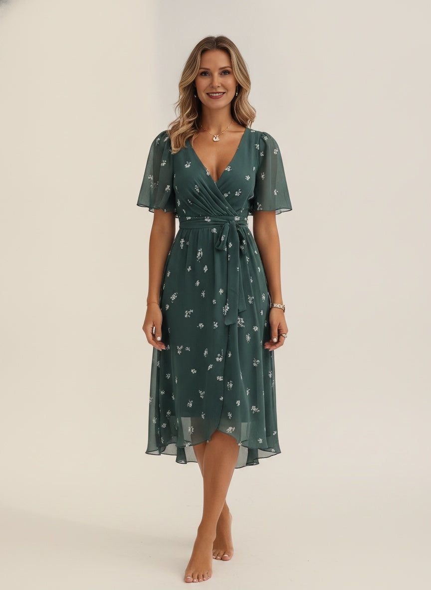 Floral Wrap Midi Summer Dress — Green