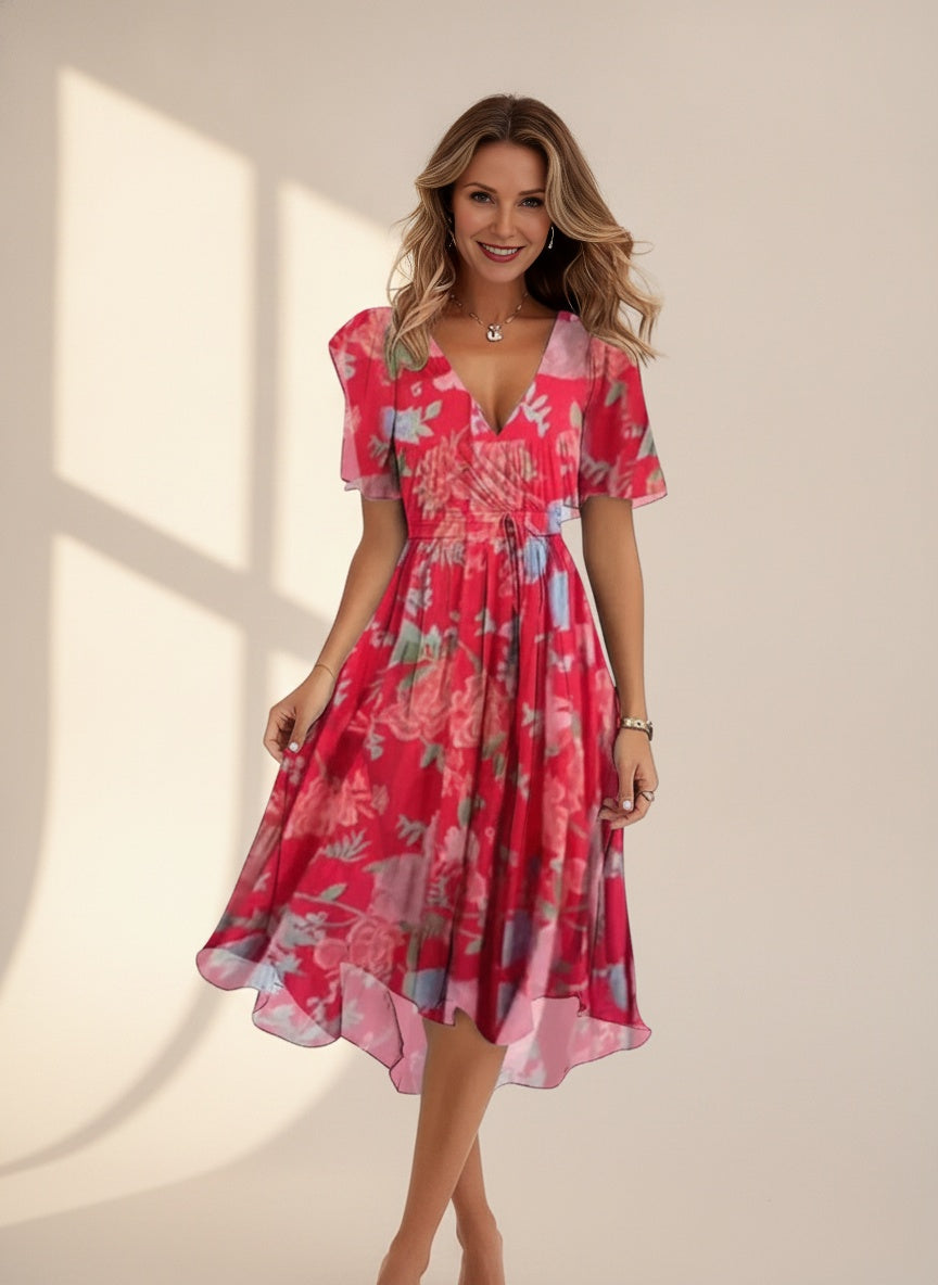 Floral Wrap Midi Summer Dress — Red