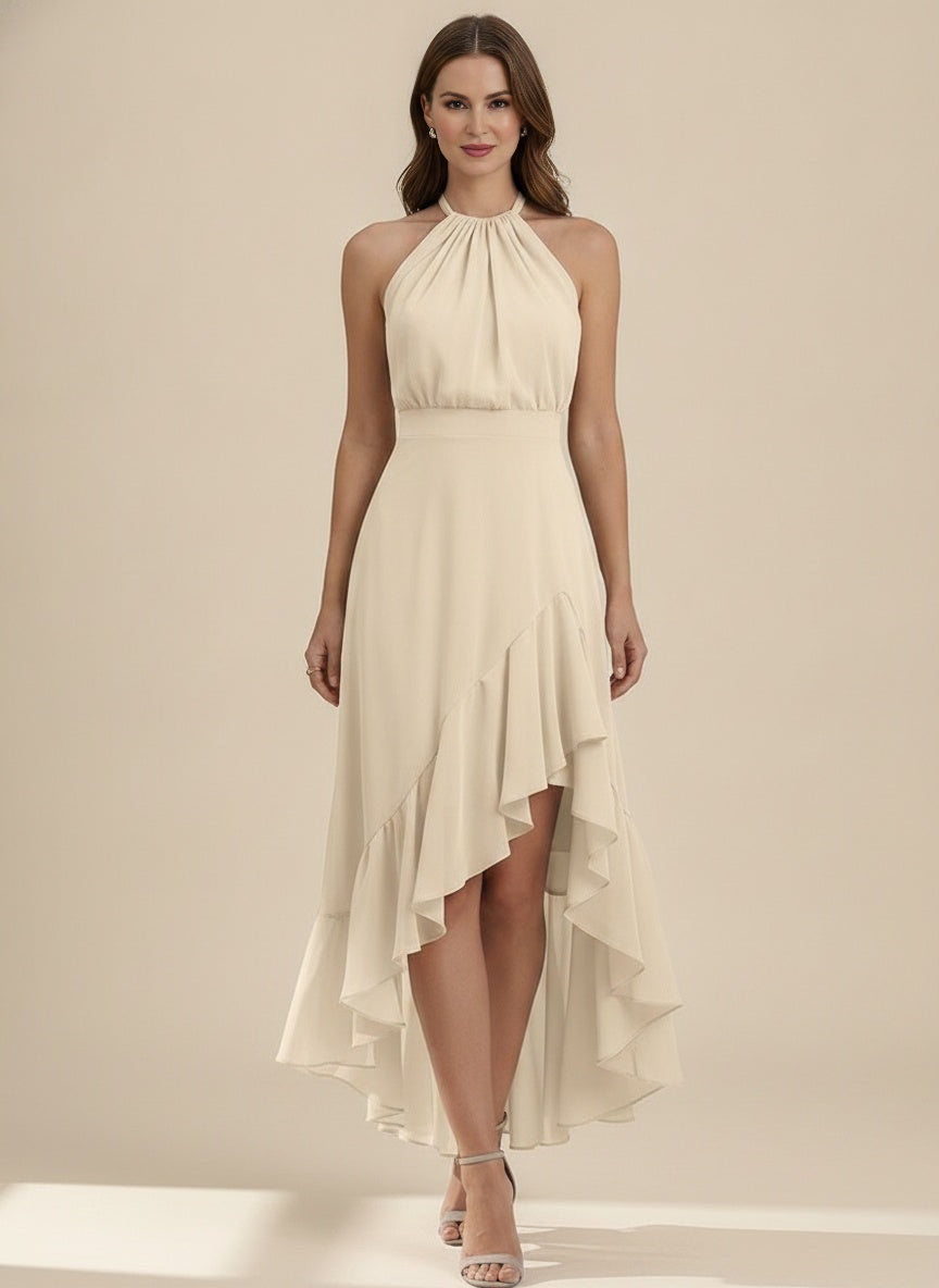 Halter Neck Ruffle Midi Dress — Apricot