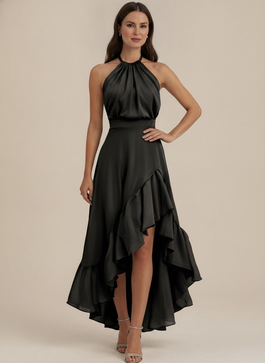 Halter Neck Ruffle Midi Dress — Black