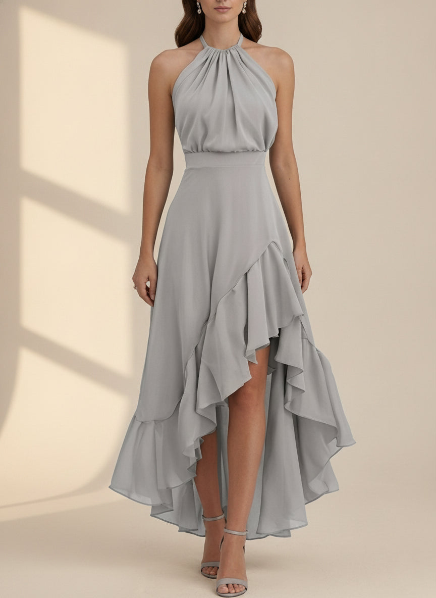 Halter Neck Ruffle Midi Dress — Grey