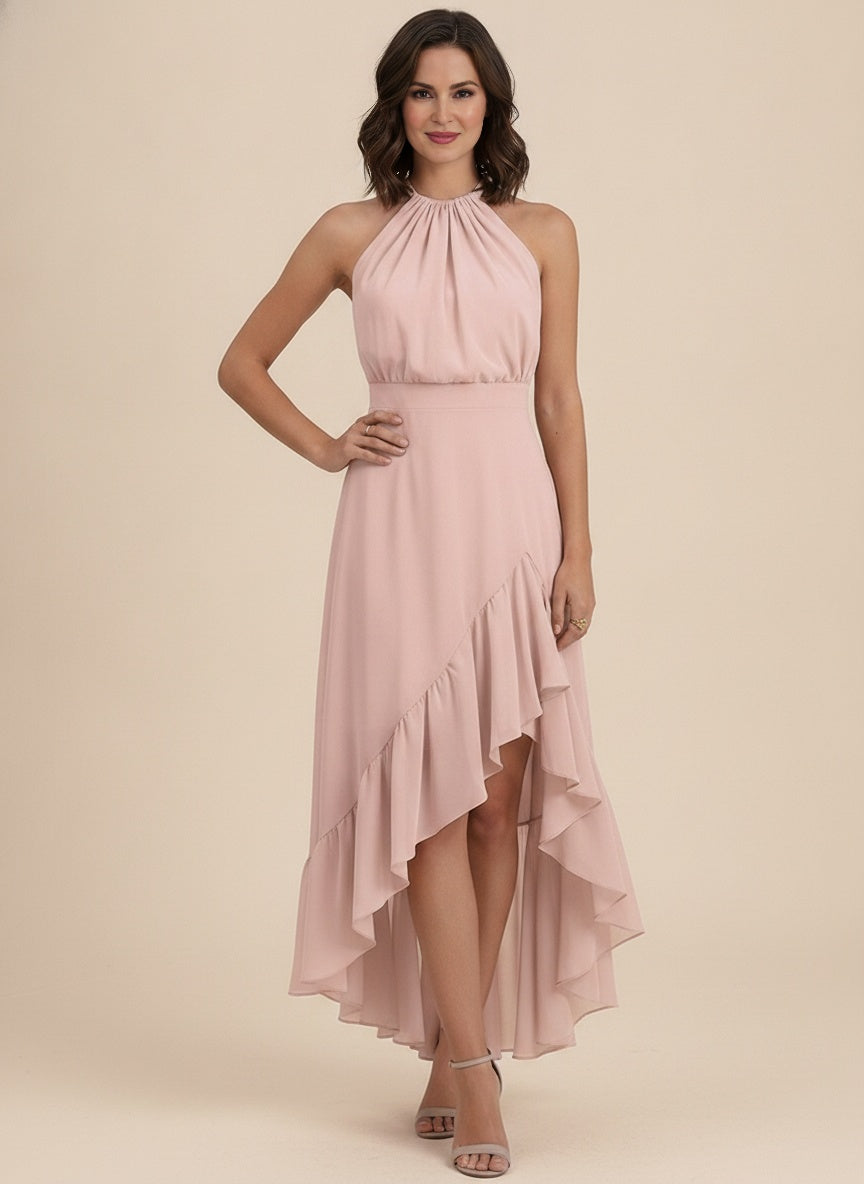 Halter Neck Ruffle Midi Dress — Pink