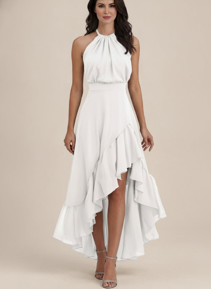Halter Neck Ruffle Midi Dress — White