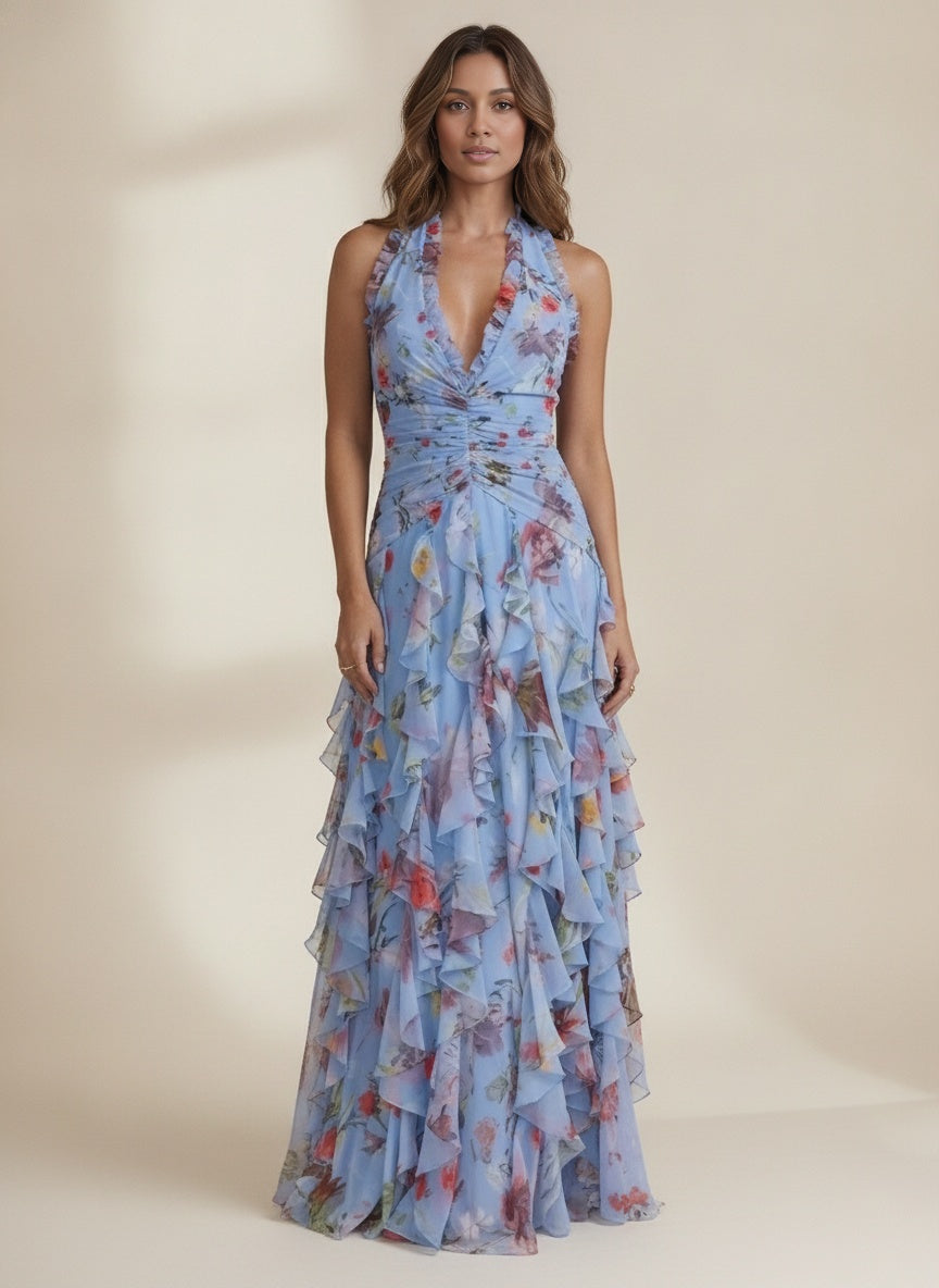 Floral Halterneck Ruffle Chiffon Maxi Dress — Blue