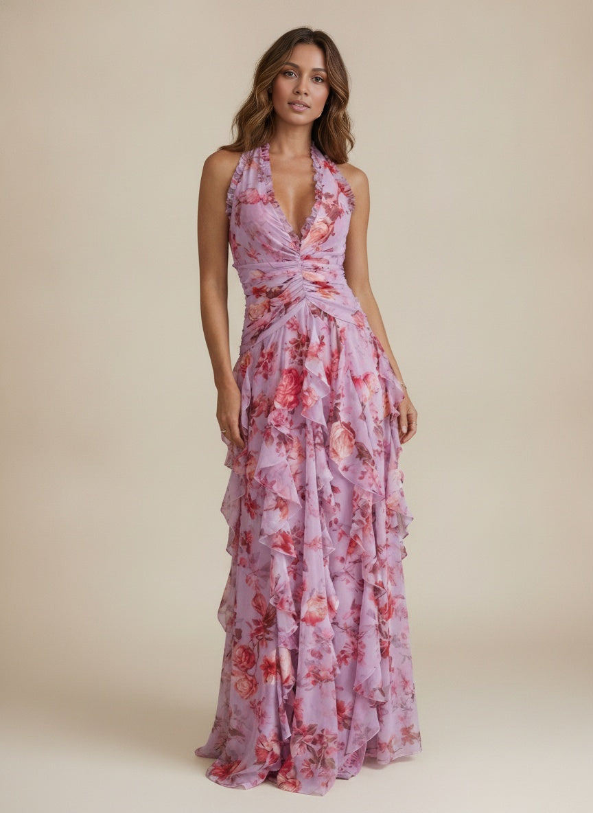 Floral Halterneck Ruffle Chiffon Maxi Dress — Pink